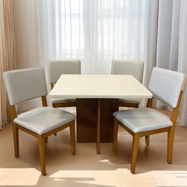 Mesa Salinas 120 Cinamomo/Off White com 4 Cadeiras Pérola Linho Cinza Prata – AVALON DECOR + DOBUÊ MOVELARIA