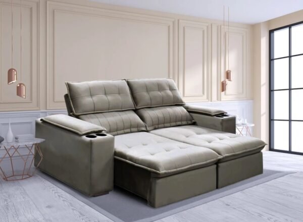 Sofá Retrátil e Reclinável Venice 2,08 m Veludo Bege 9210 - GRALHA AZUL