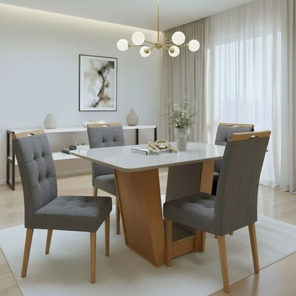 Mesa Apogeu (Tampo Maxi) 120 Amêndoa Clean/Off White com 4 Cadeiras Sophia Linho Cinza Grafite 206 – LOPAS + WM DECOR