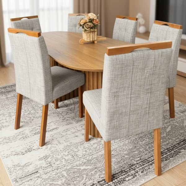 Mesa Isis 180 Freijó com 6 Cadeiras Sophia Linho Cinza Prata 206 – LEIFER + WM DECOR