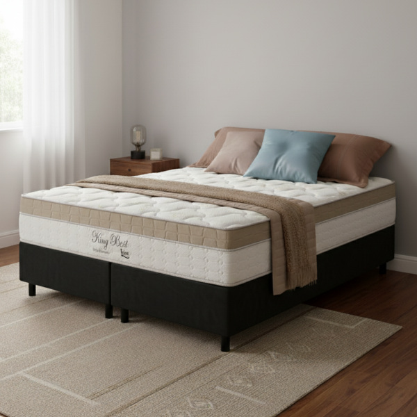 Colchão Queen King Best D28 + Base Box Simples Corino Preto – ANJOS COLCHÕES + BIOSTAR