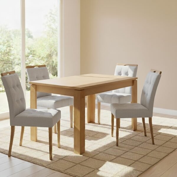 Mesa Athenas 120 Amêndoa Clean com 4 Cadeiras Sophia Linho Cinza Prata 206 – LOPAS + WM DECOR