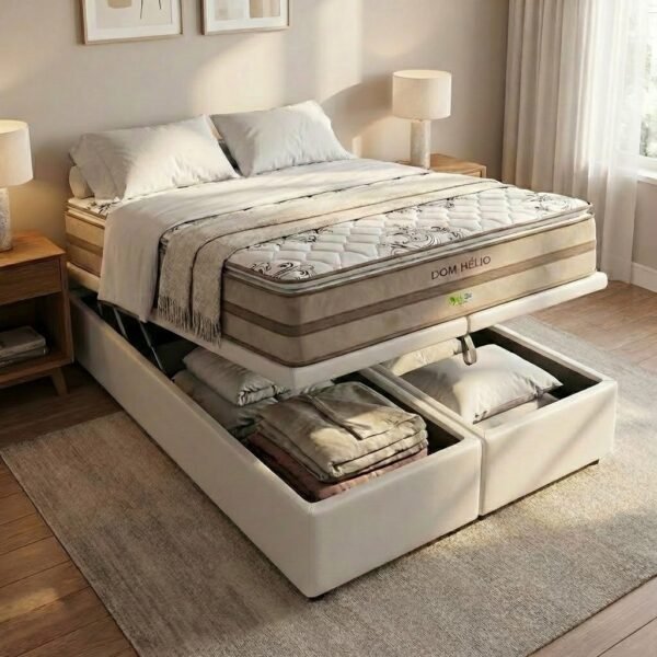 Colchão Queen Dom Helio VX D28 + Base Box Baú Corino Branco – ECOTEC + ALTO NÍVEL CAMAS E COLCHÕES