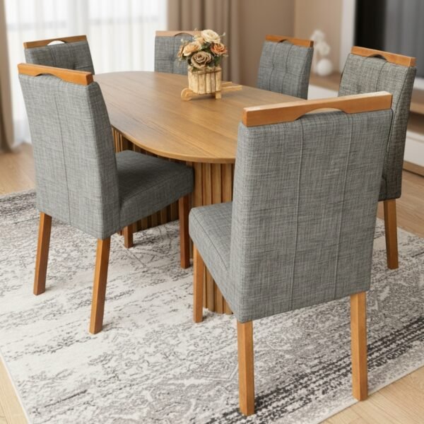 Mesa Isis 180 Freijó com 6 Cadeiras Sophia Linho Cinza Grafite 206 – LEIFER + WM DECOR