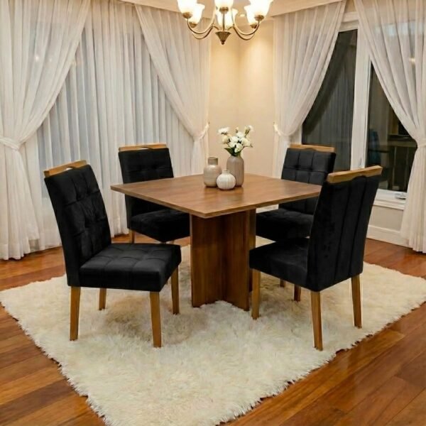 Mesa Salinas 90 (Tampo Londres s/ vidro) Cinamomo com 4 Cadeiras Sophia Veludo Preto – CEL MÓVEIS + WM DECOR
