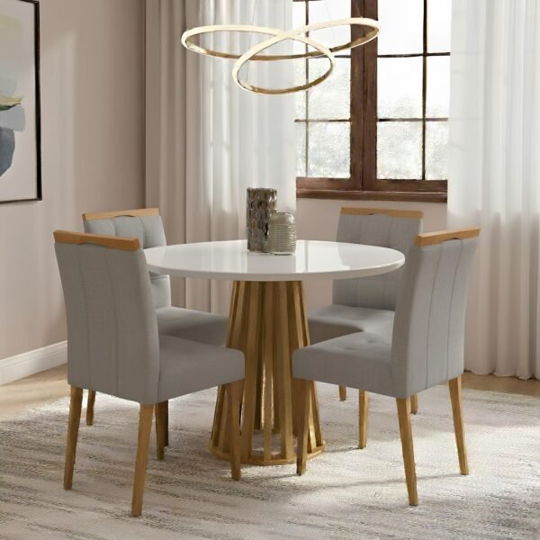Mesa Redonda Berlim 100 Cinamomo/Off White com 4 Cadeiras Sophia Linho Cinza Grafite 206 – CEL MÓVEIS + WM DECOR