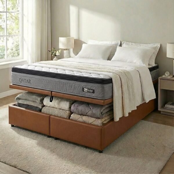 Colchão Queen Qatar D28 + Base Box Baú Corino Marrom – DESIGN COLCHÕES + ALTO NÍVEL CAMAS E COLCHÕES