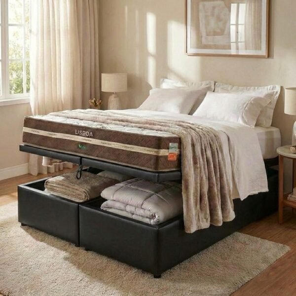 Colchão Queen Lisboa D28 + Base Box Baú Corino Preto – ECOTEC + ALTO NÍVEL CAMAS E COLCHÕES