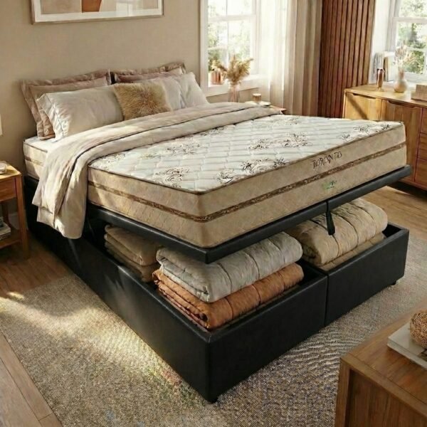 Colchão Queen Toronto D28 + Base Box Baú Corino Preto – ECOTEC + ALTO NÍVEL CAMAS E COLCHÕES