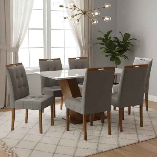 Mesa Classic 160 Cinamomo/Off White com 6 Cadeiras Sophia Linho Cinza Grafite 206 – CEL MÓVEIS + WM DECOR