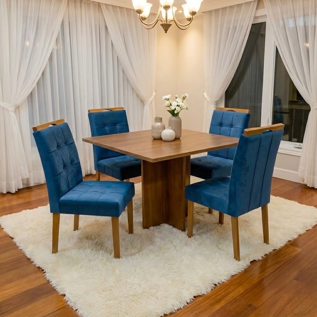 Mesa Salinas 100 (Tampo Dakota s/ vidro) Cinamomo com 4 Cadeiras Sophia Veludo Azul – CEL MÓVEIS + WM DECOR