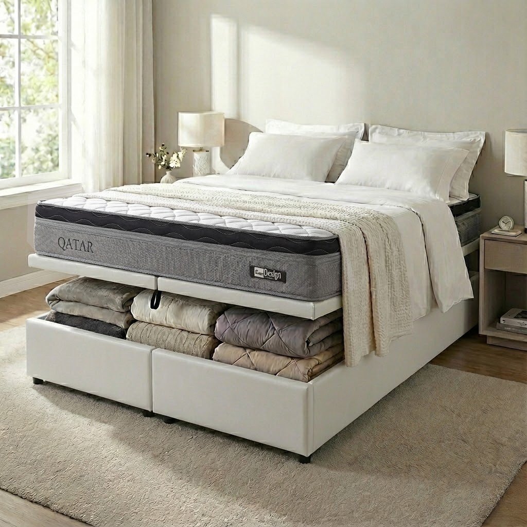 Colchão Queen Qatar D28 + Base Box Baú Corino Branco – DESIGN COLCHÕES + BIOSTAR