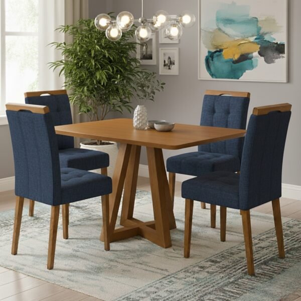 Mesa Alva ME02 120 Canela com 4 Cadeiras Sophia Veludo Azul – KAPPESBERG + WM DECOR