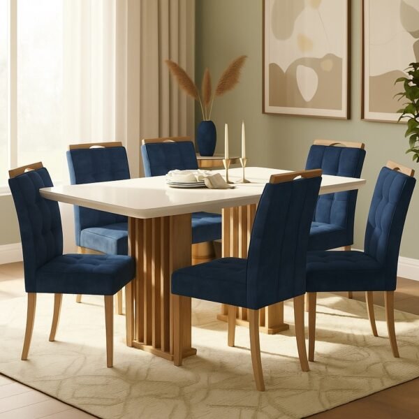 Mesa Mona/Munique 160 Mel/Blonde Off White com 6 Cadeiras Sophia Veludo Azul – VIERO + WM DECOR