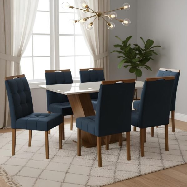 Mesa Classic 160 Cinamomo/Off White com 6 Cadeiras Sophia Veludo Azul – CEL MÓVEIS + WM DECOR