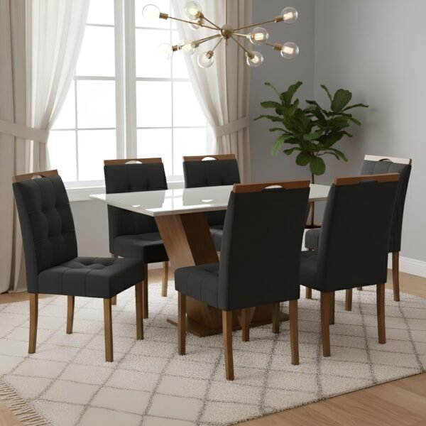 Mesa Classic 160 Cinamomo/Off White com 6 Cadeiras Sophia Veludo Preto – CEL MÓVEIS + WM DECOR