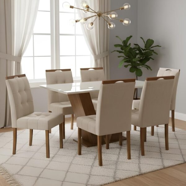 Mesa Classic 160 Cinamomo/Off White com 6 Cadeiras Sophia Linho Bege 200 – CEL MÓVEIS + WM DECOR