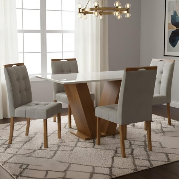 Mesa Classic 120 Cinamomo/Off White com 4 Cadeiras Sophia Veludo Cinza Grafite – CEL MÓVEIS + WM DECOR