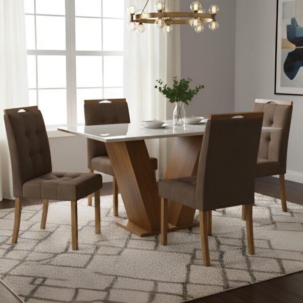 Mesa Classic 120 Cinamomo/Off White com 4 Cadeiras Sophia Veludo Marrom – CEL MÓVEIS + WM DECOR
