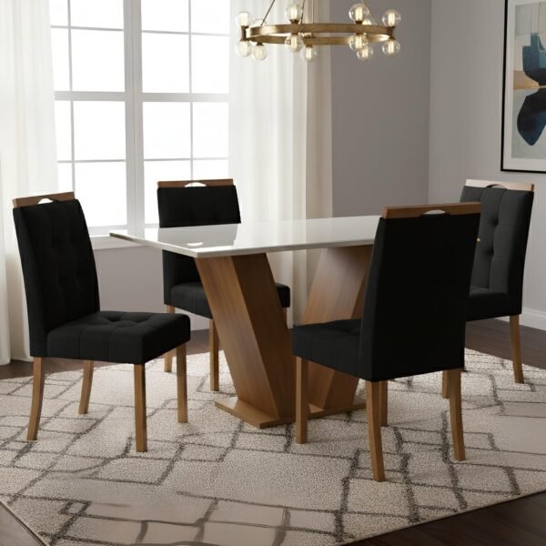 Mesa Classic 120 Cinamomo/Off White com 4 Cadeiras Sophia Veludo Preto – CEL MÓVEIS + WM DECOR