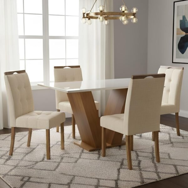 Mesa Classic 120 Cinamomo/Off White com 4 Cadeiras Sophia Linho Bege 200 – CEL MÓVEIS + WM DECOR