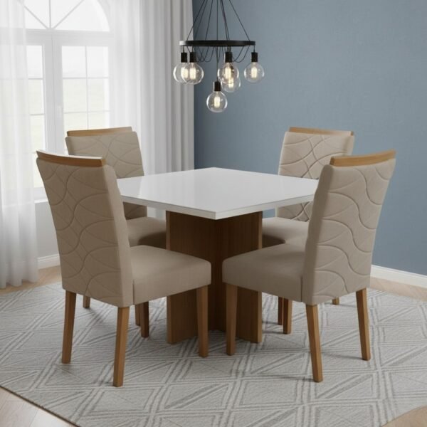 Mesa Salinas/Helô/Los Angeles 90 Cinamomo/Off White com 4 Cadeiras Safira Veludo Bege – CEL MÓVEIS + WM DECOR