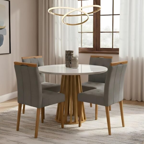 Mesa Redonda Berlim 100 Cinamomo/Off White com 4 Cadeiras Sophia Veludo Cinza Grafite – CEL MÓVEIS + WM DECOR