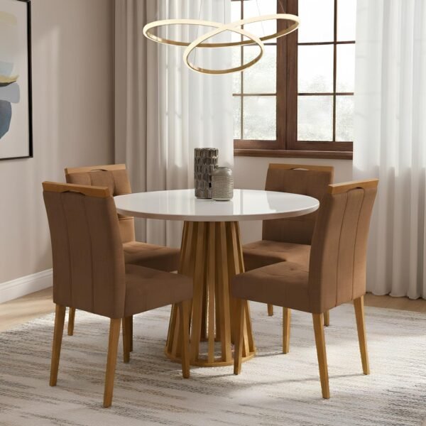 Mesa Redonda Berlim 100 Cinamomo/Off White com 4 Cadeiras Sophia Veludo Marrom – CEL MÓVEIS + WM DECOR