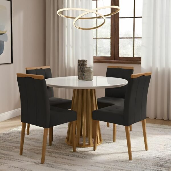 Mesa Redonda Berlim 100 Cinamomo/Off White com 4 Cadeiras Sophia Veludo Preto – CEL MÓVEIS + WM DECOR