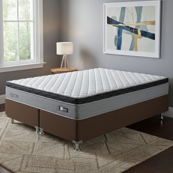 Colchão Queen Qatar D28 + Base Box Simples Corino Marrom – DESIGN COLCHÕES + BIOSTAR