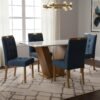 Mesa Classic 120 Cinamomo/Off White com 4 Cadeiras Sophia Veludo Azul – CEL MÓVEIS + WM DECOR