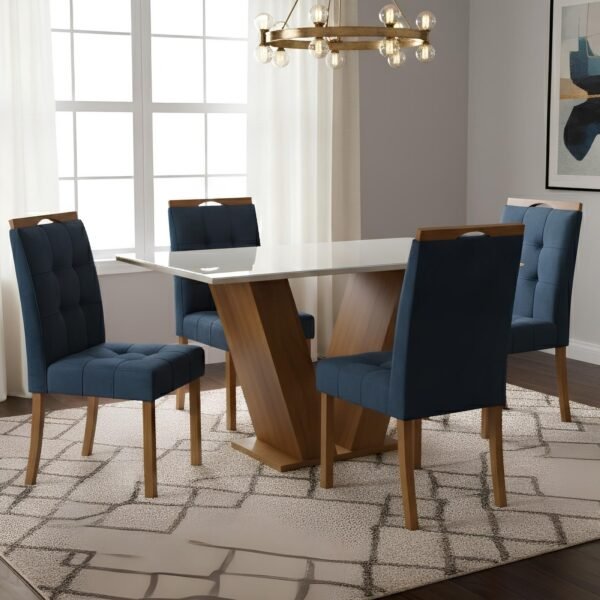 Mesa Classic 120 Cinamomo/Off White com 4 Cadeiras Sophia Veludo Azul – CEL MÓVEIS + WM DECOR