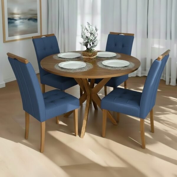 Mesa Redonda Simpatia 108 Cinamomo com 4 Cadeiras Sophia Veludo Azul – JCM MOVELARIA + WM DECOR