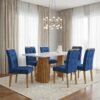 Mesa Nevada 170 (Tampo Smart Plus) Cinamomo/Off White com 6 Cadeiras Sophia Veludo Azul – CEL MÓVEIS + WM DECOR