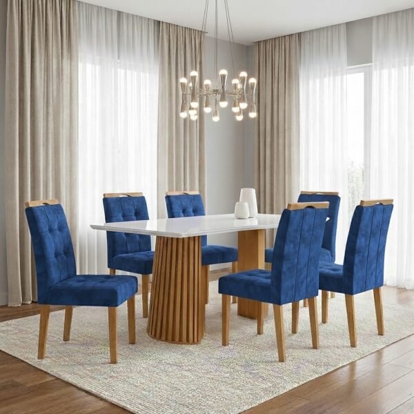 Mesa Nevada 170 (Tampo Smart Plus) Cinamomo/Off White com 6 Cadeiras Sophia Veludo Azul – CEL MÓVEIS + WM DECOR