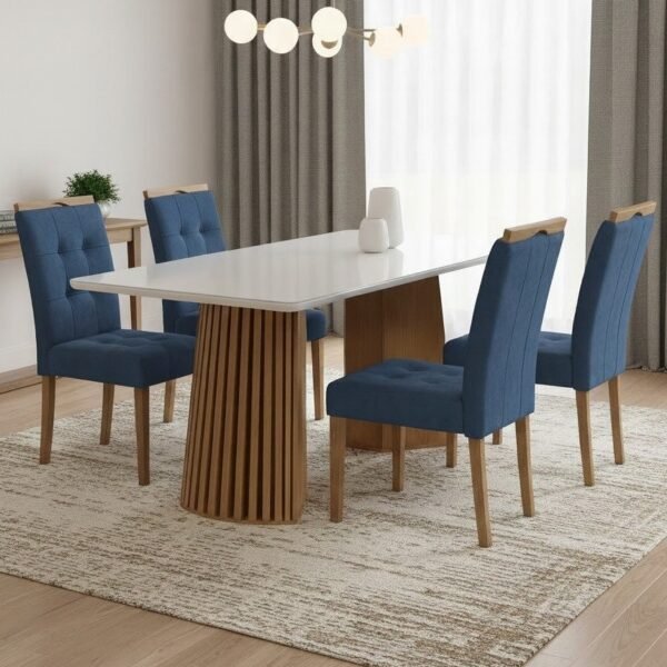 Mesa Nevada 120 (Tampo Smart Plus) Cinamomo/Off White com 4 Cadeiras Sophia Veludo Azul – CEL MÓVEIS + WM DECOR