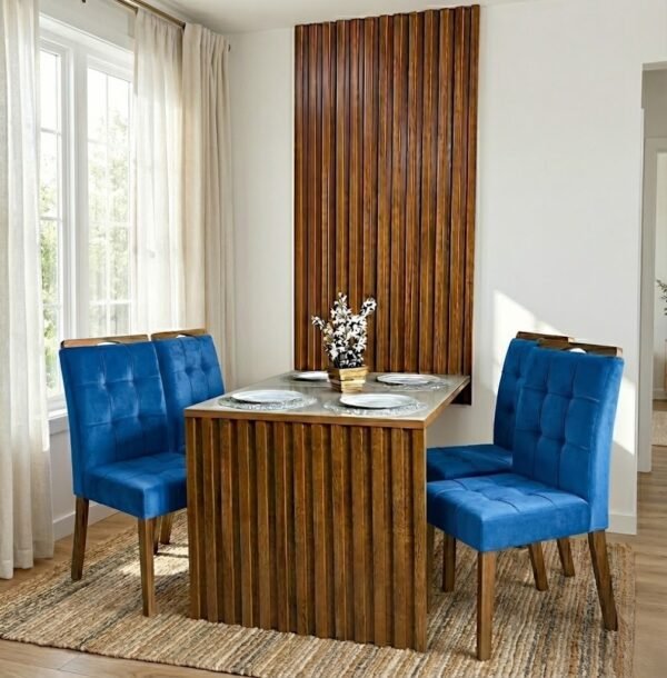 Mesa Cancun 120 Cinamomo/Off White com 4 Cadeiras Sophia Veludo Azul – CEL MÓVEIS + WM DECOR