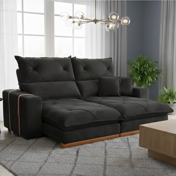 Sofá Retrátil e Reclinável Gran Bello Light 2,50 m Veludo Preto - QUINE ESTOFADOS