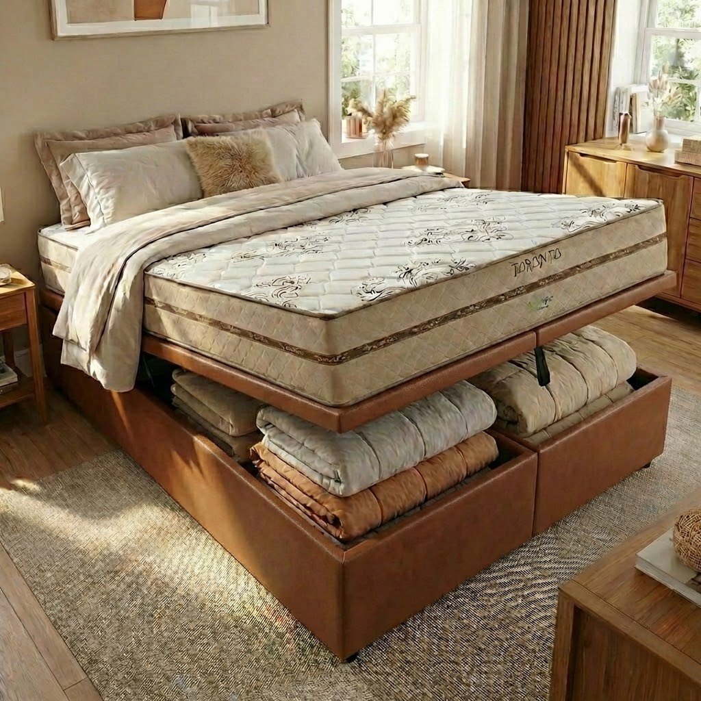 Colchão Queen Toronto D28 + Base Box Baú Corino Marrom – ECOTEC + ALTO NÍVEL CAMAS E COLCHÕES