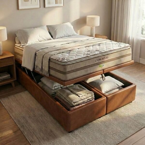 Colchão Queen Dom Helio VX D28 + Base Box Baú Corino Marrom – ECOTEC + ALTO NÍVEL CAMAS E COLCHÕES