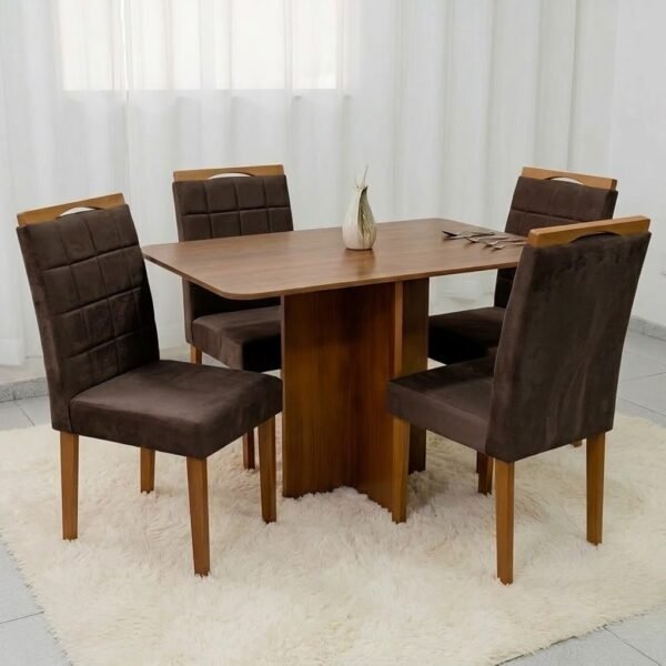 Mesa Salinas 120 (Tampo Londres s/vidro) Cinamomo/Off White com 4 Cadeiras Las Vegas Veludo Marrom 17 – CEL MÓVEIS + OURO DECOR