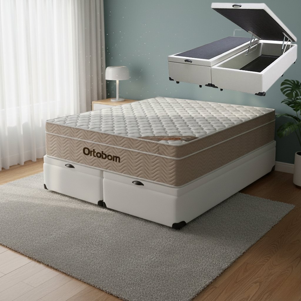 Colchão Queen Airtech Springpocket 25 cm D26 Molas Ensacadas + Base Baú Corino Branco – ORTOBOM + ALTO NÍVEL