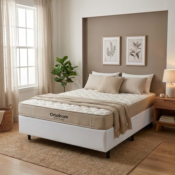 Colchão Casal Fit 25 cm D45 + Base Simples Corino Branco – ORTOBOM + ALTO NÍVEL