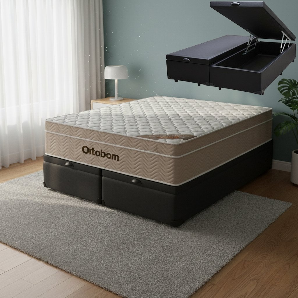 Colchão Queen Airtech Springpocket 25 cm D26 Molas Ensacadas + Base Baú Corino Preto – ORTOBOM + ALTO NÍVEL