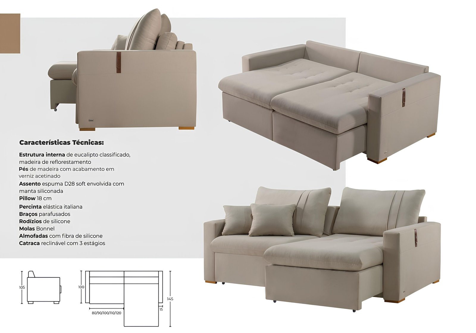 Sofá Cama Retrátil Moscou 2,30 m Linho Bege - CONFORT LAR ESTOFADOS - Imagem 3