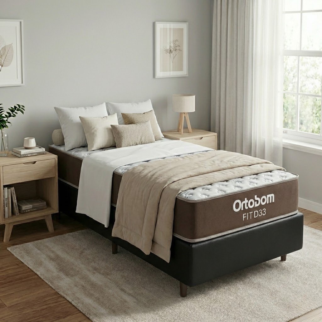 Colchão Solteiro Fit 17 cm D33 + Base Simples Corino Preto – ORTOBOM + ALTO NÍVEL