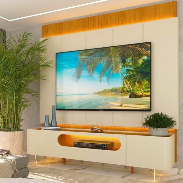 Painel até 85″ Magnífico Naturale/Off White + Rack Nobre 210 (Pés de vidro) Off White/Naturale – GELIUS