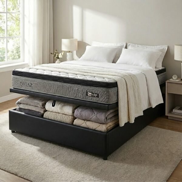 Colchão Casal Qatar 26 cm D28 Molas Ensacadas + Base Baú Corino Preto – DESIGN + BIOSTAR