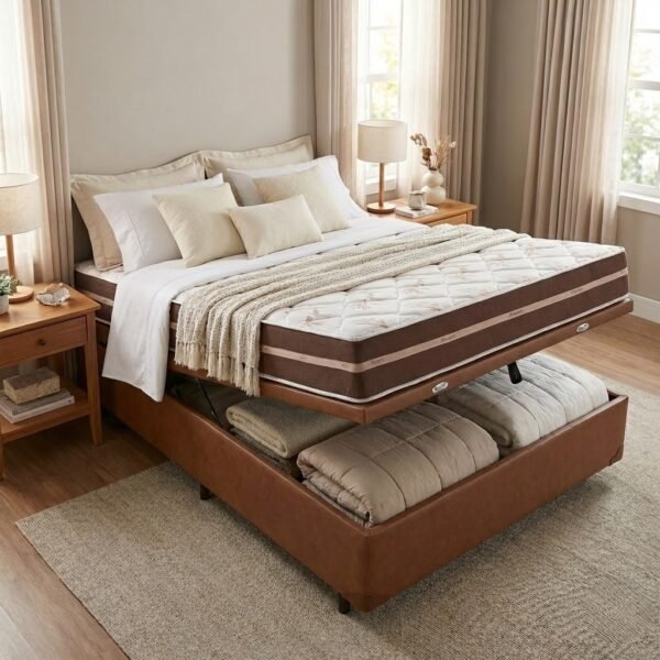 Colchão Casal Classic 22 cm AGD70 Molas Ensacadas + Base Baú Corino Marrom – ANJOS COLCHÕES + ALTO NÍVEL
