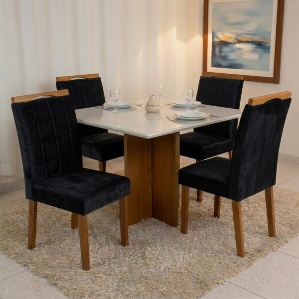 Mesa Salinas 90 (Tampo Dakota c/vidro) Cinamomo/Off White com 4 Cadeiras Las Vegas Veludo Preto 13 – CEL MÓVEIS + OURO DECOR